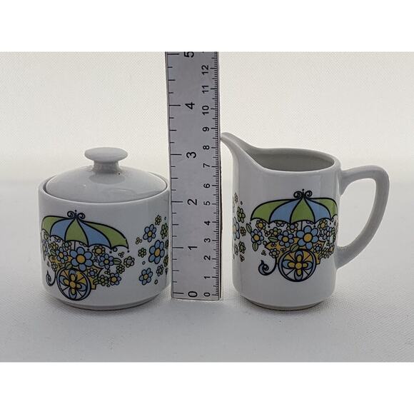 CREAMER AND SUGAR SET-Flower Cart-Blue Green Yellow Flowers-Japan-Small - Picture 7 of 9